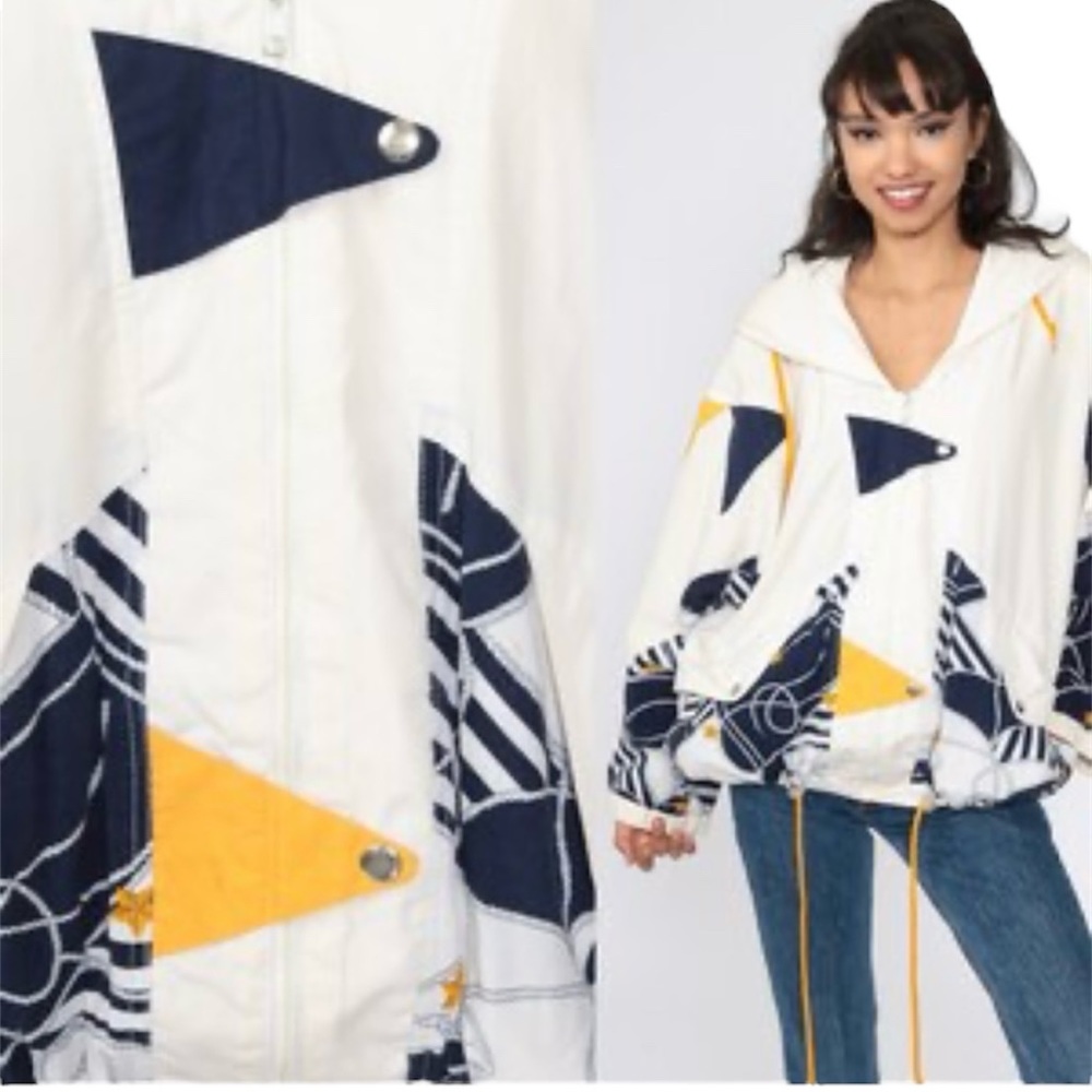 Vintage 80s Sailing Windbreaker Jacket Hood Oversize White Blue Nautical Lined M